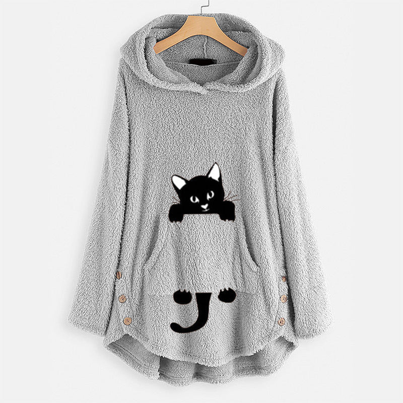 Hooded Pullover Long Sleeve Mid-Length Cat Jacket