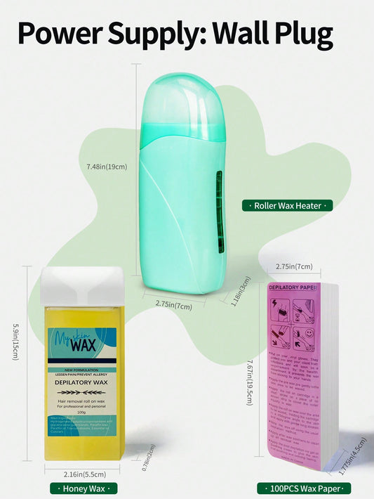 1 Set Depilatory Wax Roller Kit, Honey Roller Waxing Kit Includes 2 Honey Soft Wax Boxes And 100 Nonwoven Wax Strips, Portable Pink Wax Heater, Unisex Wax Roller Kit For Hair Removal, Sensitive Skin