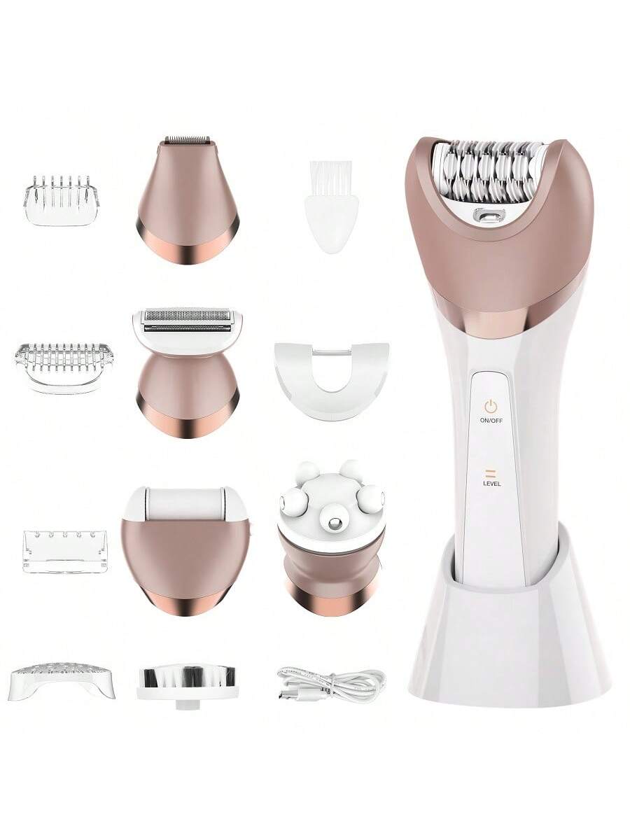 1pc Full Body Waterproof 6-In-1 Women'S Multifunctional Facial Cleansing Brush, Foot Grinder, Usb Rechargeable Epilator