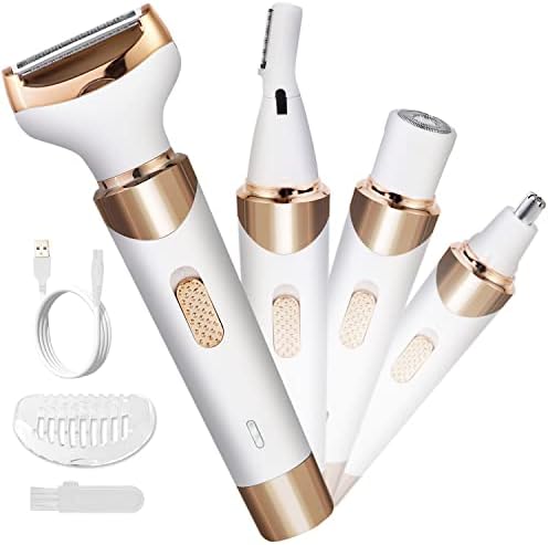 Electric Razor for Women Bikini Trimmer, MKIOVH Women's Cordless Portable 4 in 1 Painless Shaver, for face Legs Brows Nose Detachable Head USB Rechargeable Hair Trimmer (White)