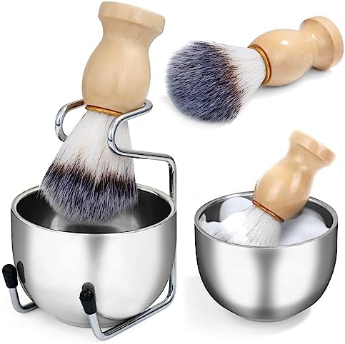 Mens Shaving Brush and Bowl Set, 3-in-1 Shaving Brush Kit Wood Handle with Stainless Steel Shaving Bowl & Brush Stand, Perfect Shaving Gift Kit for Father Husband Boyfriend Birthday Valentine’s Day