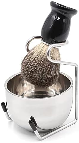 Elvielsl Men's Shaving Brush Kit 3 in 1 Wet Shaving Kit with Badger Hair Shaving Brush, Stainless Steel Shaving Bowl, Stainless Steel Shaving Brush Stand Holder for Men Traditional Wet Shave