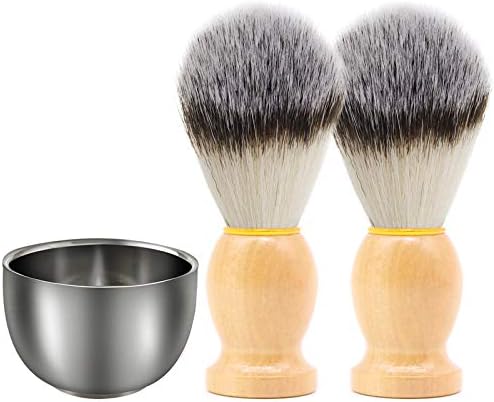 Set of 3, Shave Brush and Shaving Soap Bowl, DaKuan 2 Pcs Wooden Handle Shaving Brushes and Stainless Steel Shaving Mug for Professional Hair Salon Tool