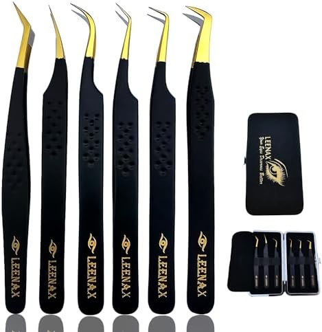 Leenax Professional Pack of 6 All Fiber Tip (Anti – Slip) Eyelash Extension Tweezers Japanese Stainless Steel, 2D-6D Volume Tweezers (Black)