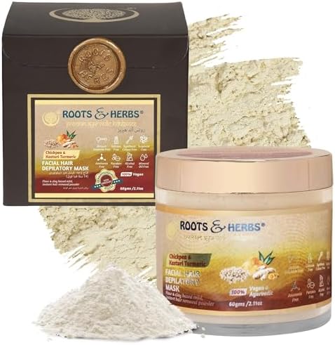 Chickpea & Kasturi Turmeric Facial Hair Remover - Men’s & Women’s Facial Hair Removal Powder for Chin, Jaw Line, & Upper Lips - Depilatory Powder Mask with Ayurvedic Herbs - Roots & Herbs, 2.11oz