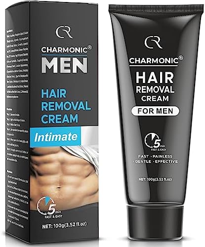 Charmonic Hair Removal Cream, Intimate/Private Area Hair Remover for Men, Fast & Painless Hair Removal for Underarm, Chest, Back, Legs, and Arms, 5 Min Remover of Unwanted Coarse Male Body Hair