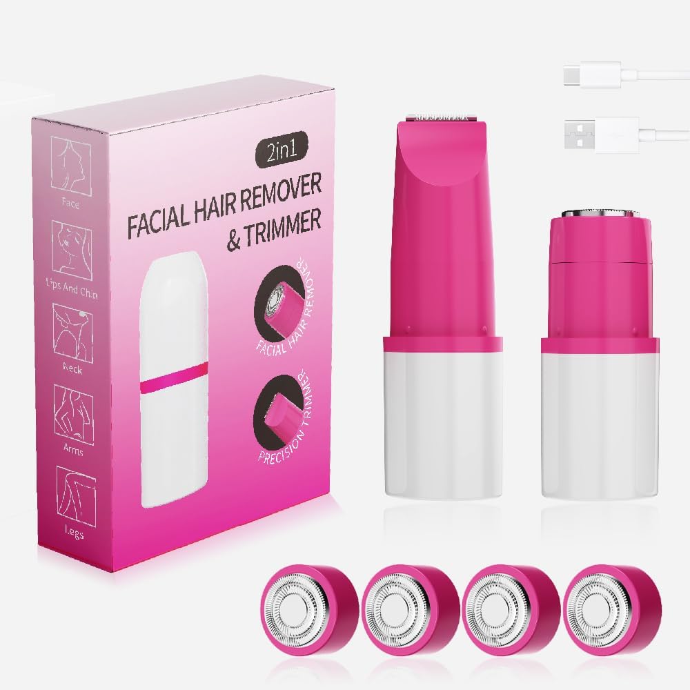 Facial Hair Removal for Women, Hair Removal Device - UICINOY 2 in 1 Hair Remover Rechargeable Bikini Trimmer and Face Shaver for Legs, Arms, Lips, Chin Included 4 Replacement Heads(Pink)