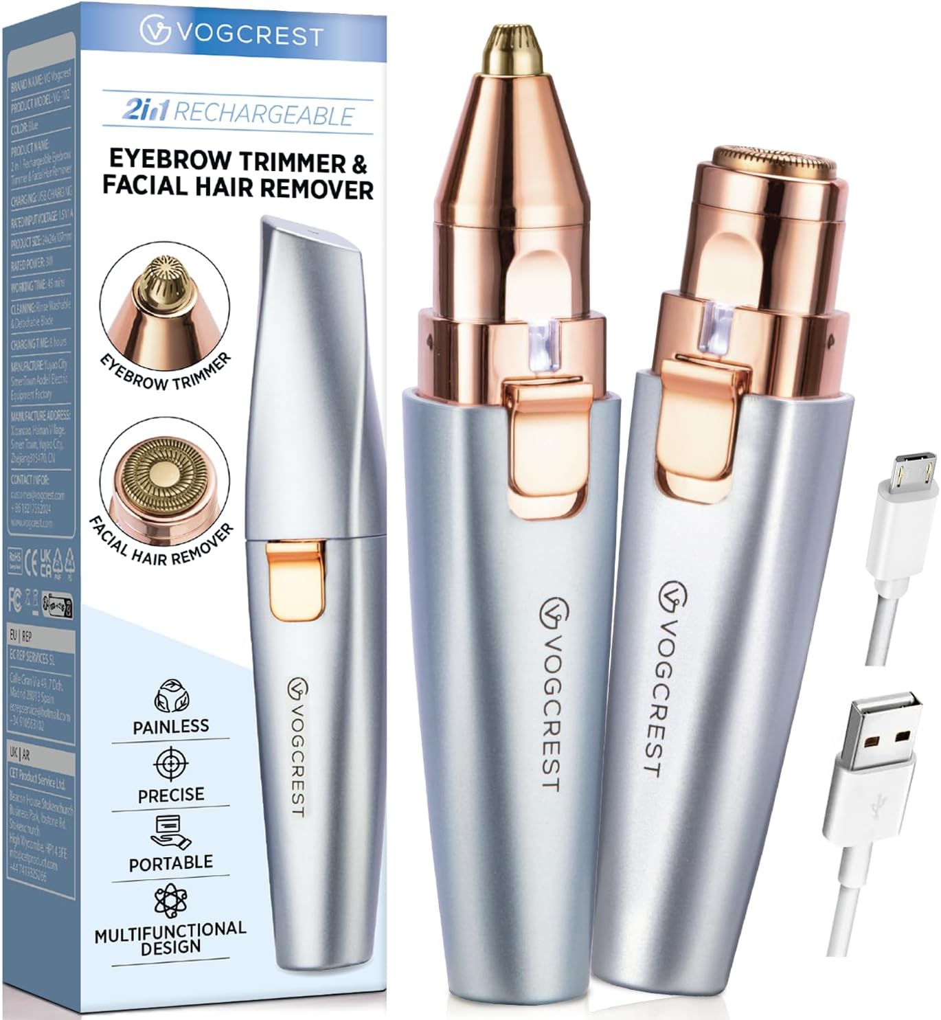 Eyebrow Facial Trimmer: 2 in1 Rechargeable Facial Hair Removal and Eyebrow Shaver - Face Lips Body Painless Facial Razor with Built-in LED Light (Sky Blue)