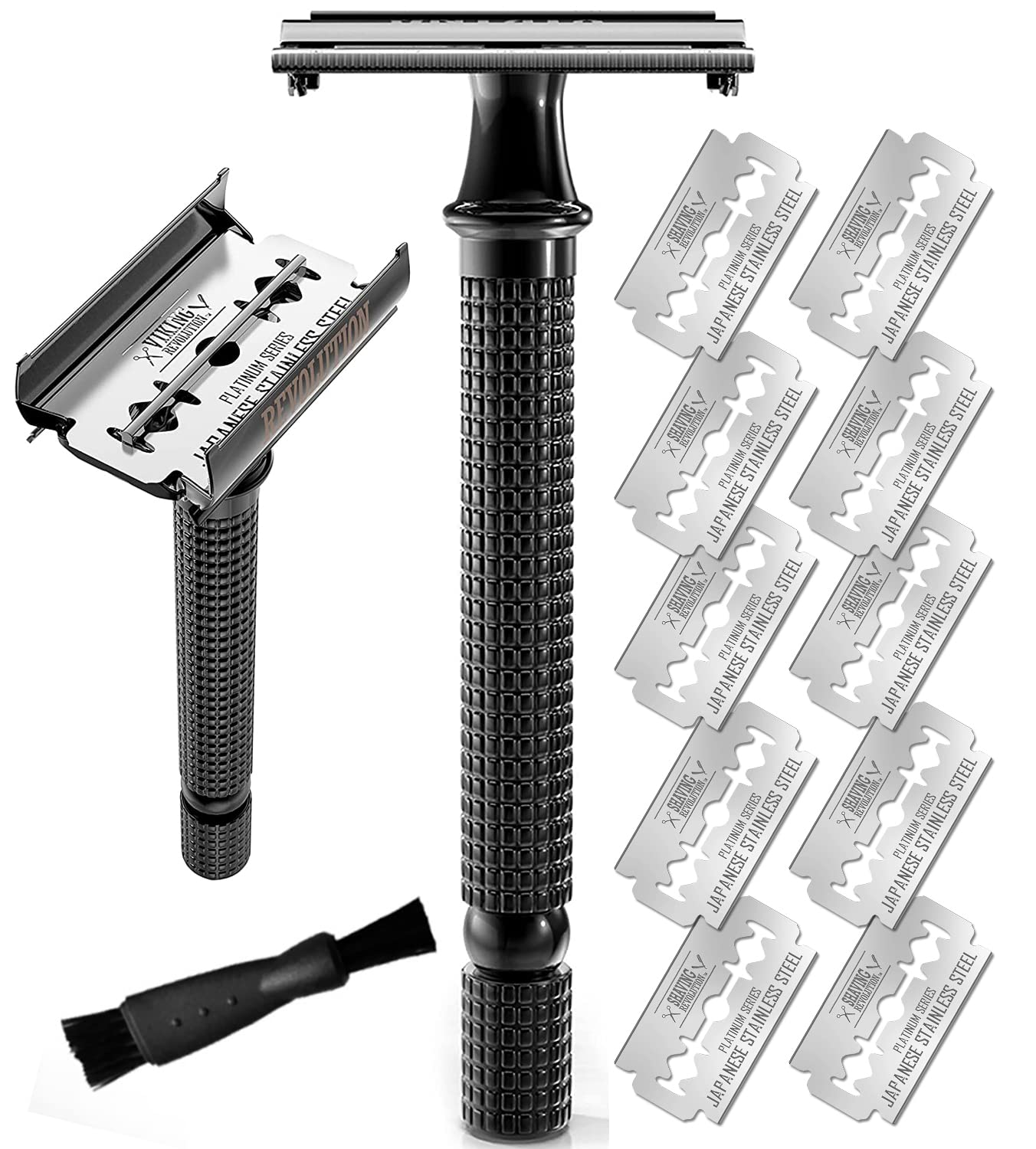 Long Handle Double Edge Safety Razor w/ 10 Blades (Black)