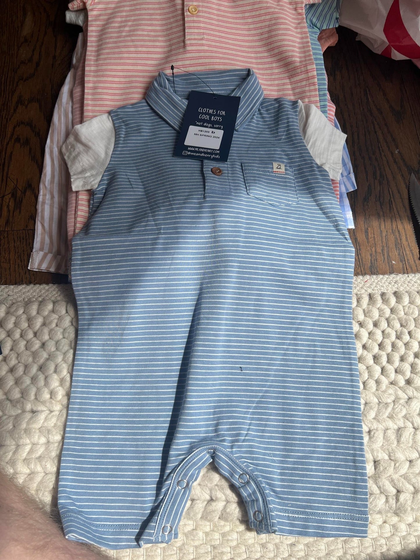 Me & Henry Saltash Blue/White Micro Stripe Polo Romper