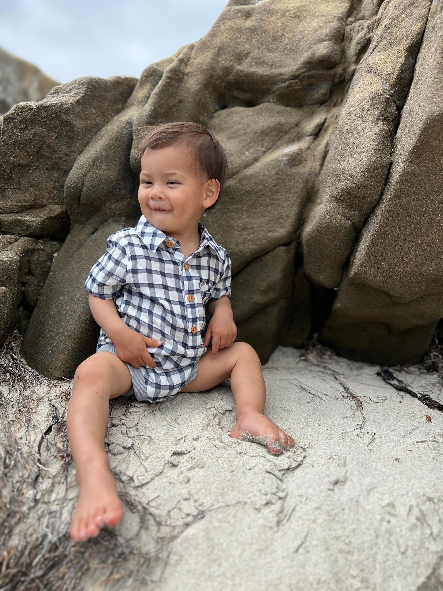 Me & Henry Helford Navy/White Plaid Woven Onesie