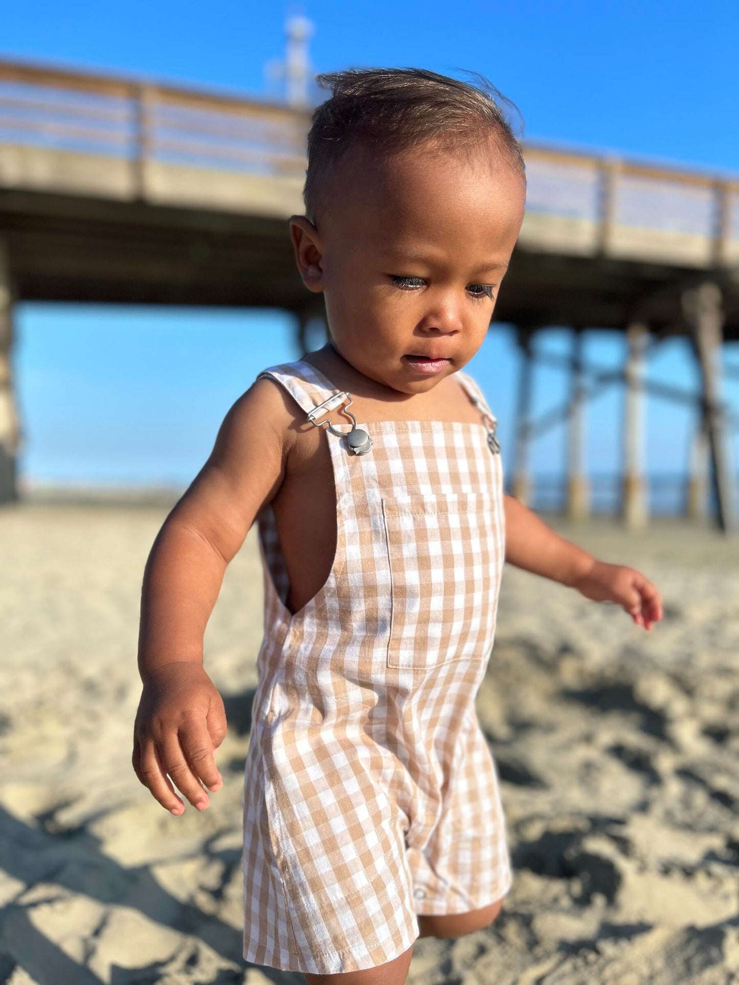 Me & Henry Galleon Beige Plaid Woven Overalls
