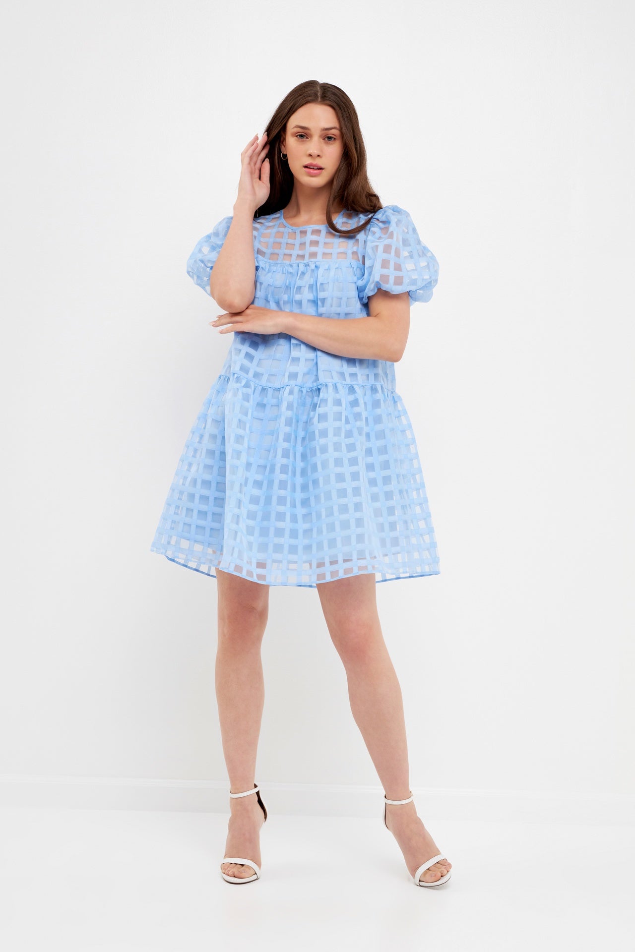Gridded Puff Sleve Dress