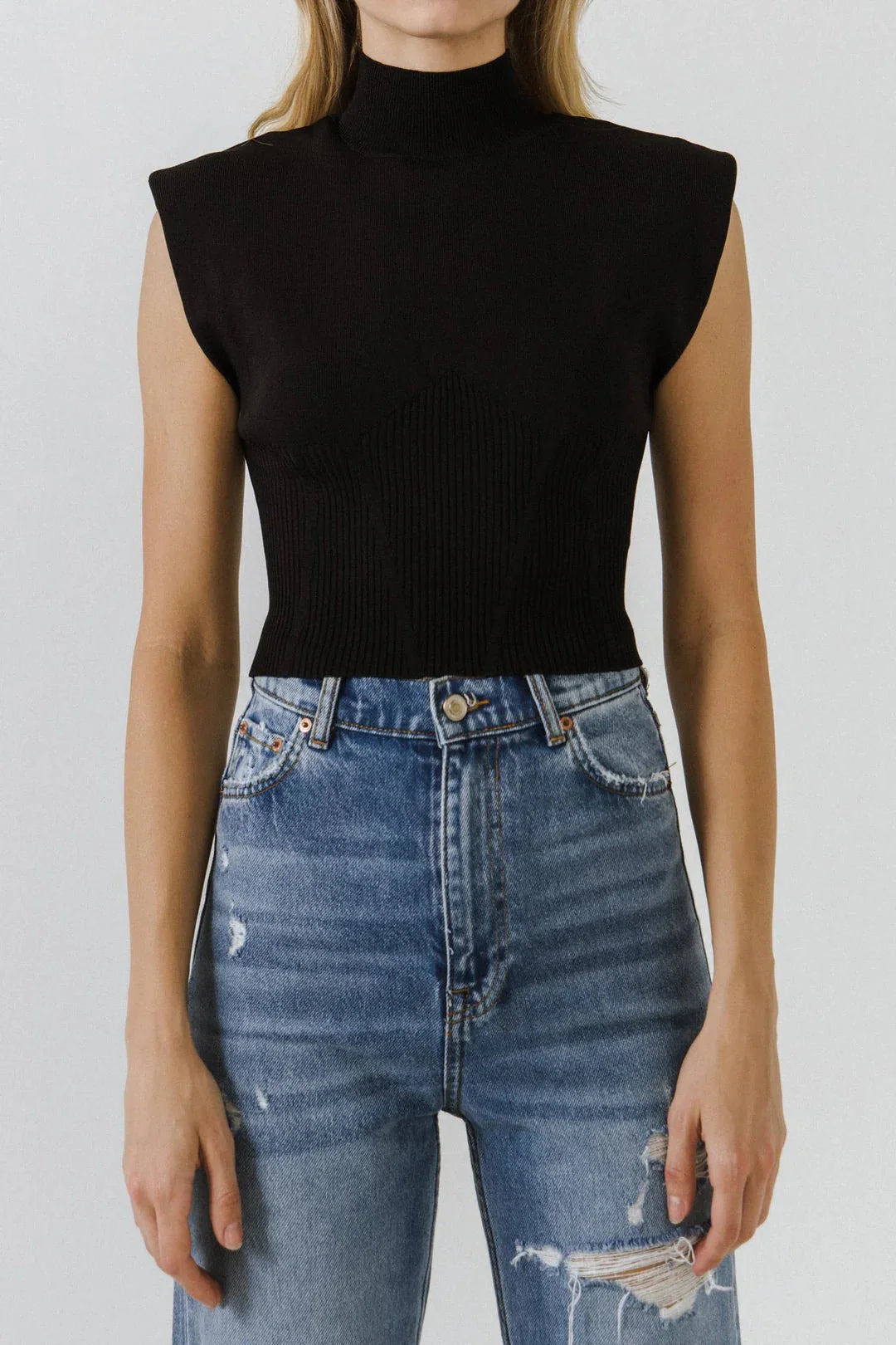 Mock Neck Padded Knit Top