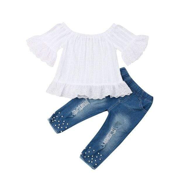 Girl's Clothing 2Pcs Denim Outfits / 2T White Tops T-shirt Denim Long Pants Outfit