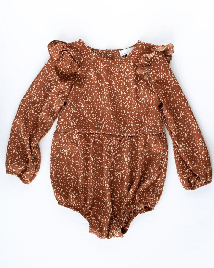 Bailey's Blossom- Rhodes Bubble Shorty Romper- Spiced Orange Spots