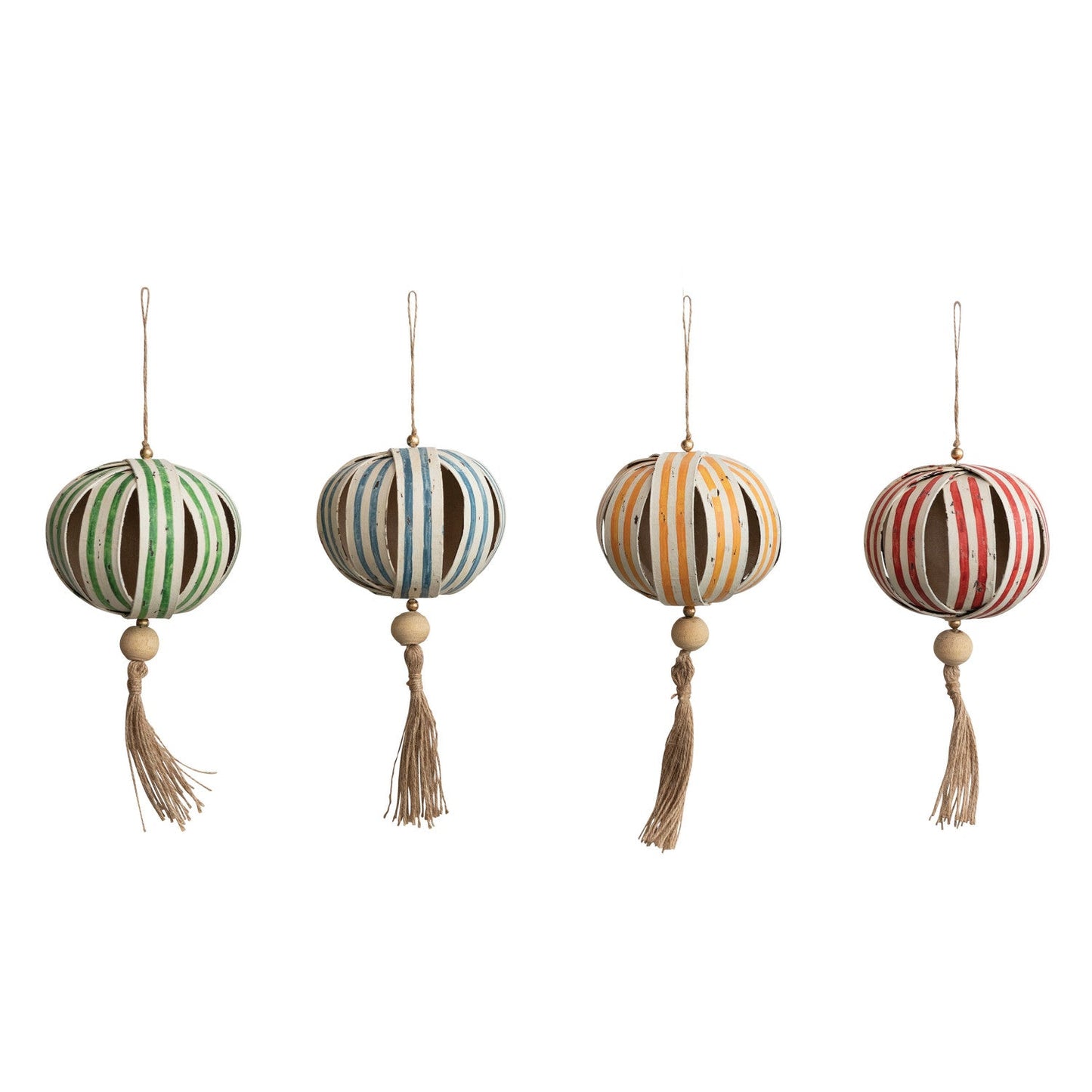 Paper Ball Ornament w/ Wood Bead & Tassel- Set of 4