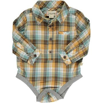 Me & Henry Jasper Woven Onesie | Tan/Brown/Blue Plaid