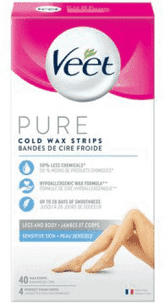 Veet - Pure - Cold Wax Strips for Sensitive Skin - Legs & Body | 40 Wax Strips - 4 Perfect Finish Wipes