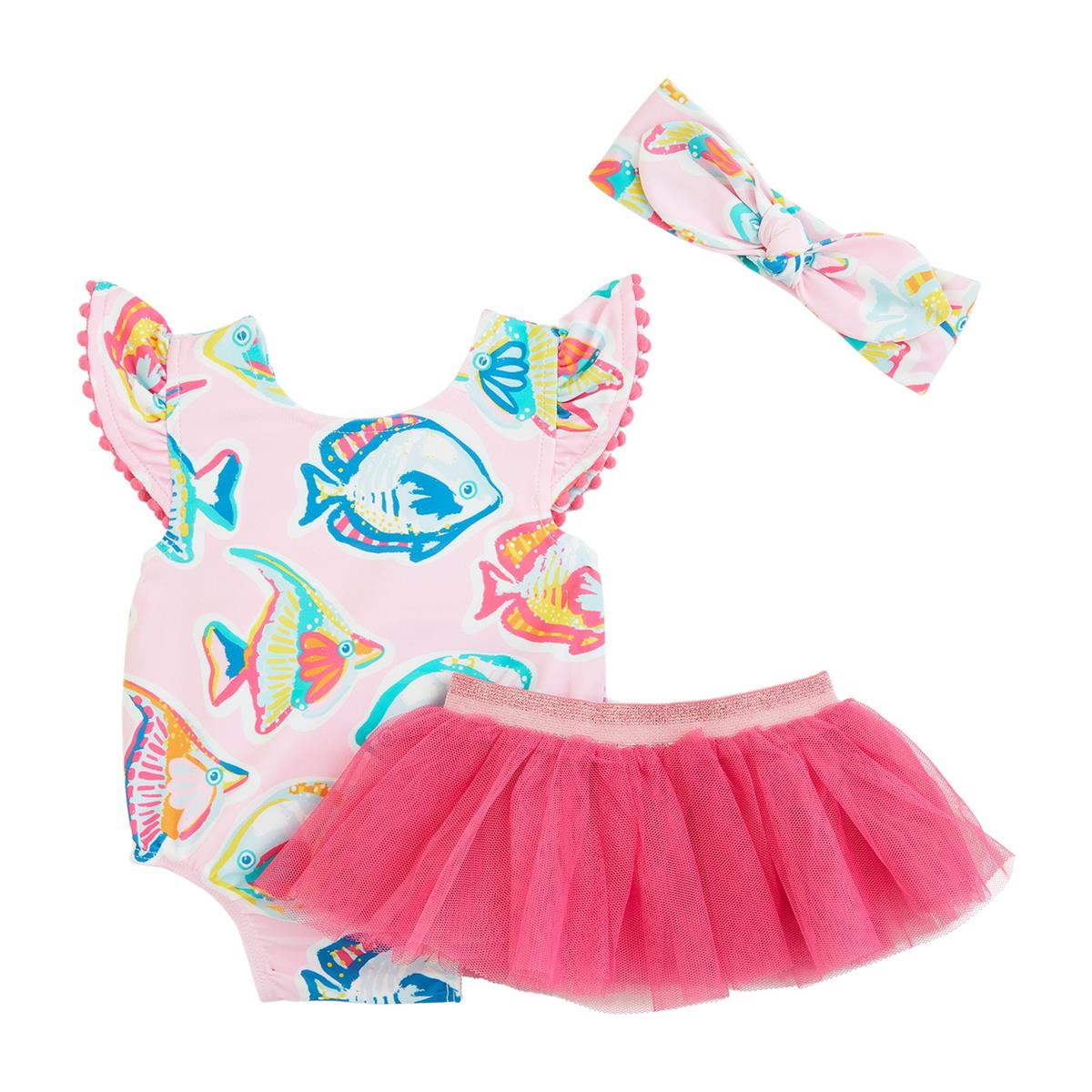 Mud Pie Pink Fish/Stripe Reversible Swimsuit & Tutu Set