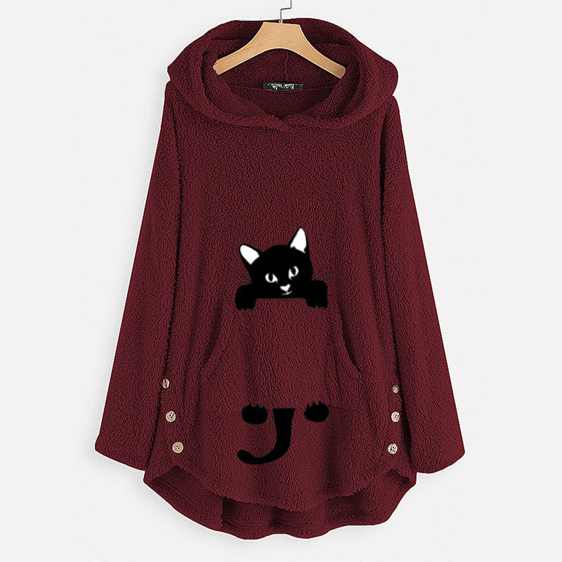 Hooded Pullover Long Sleeve Mid-Length Cat Jacket