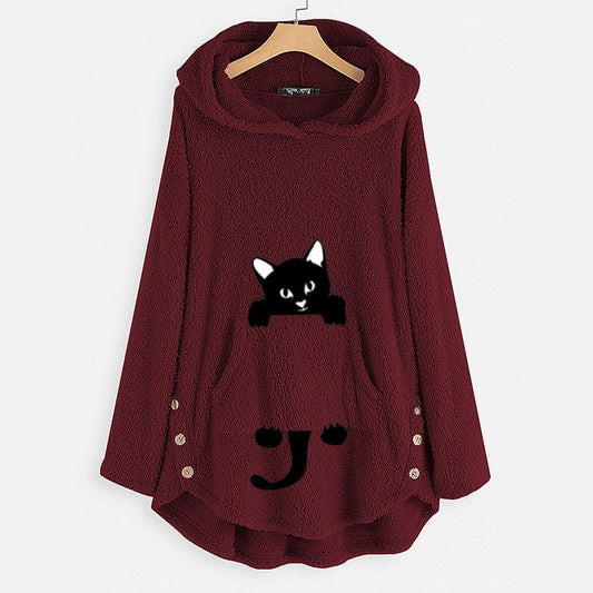 Hooded Pullover Long Sleeve Mid-Length Cat Jacket