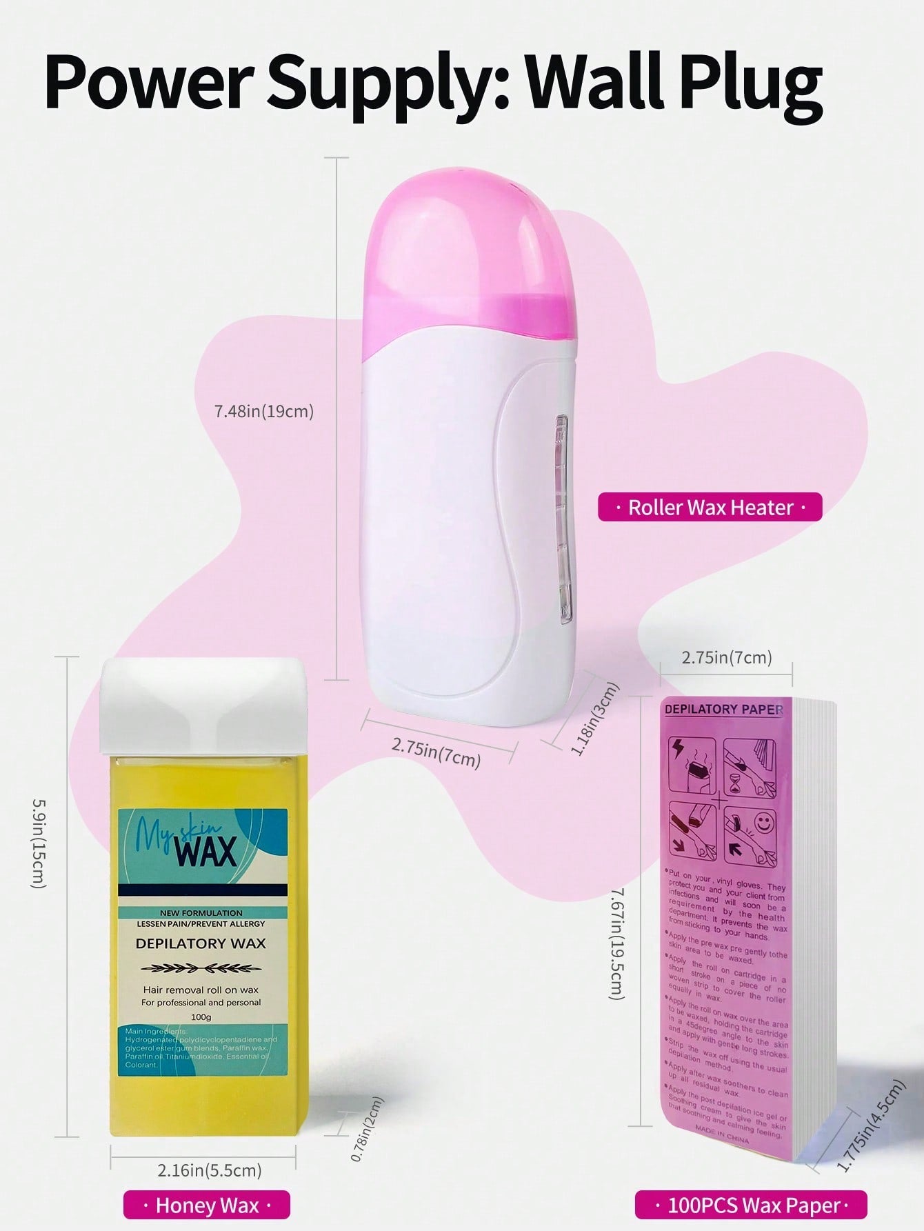 1pc Waxing Roller Kit With Honey Wax Roller, Including 2 Honey Soft Wax Cartridges And 100 Non-woven Waxing Strips