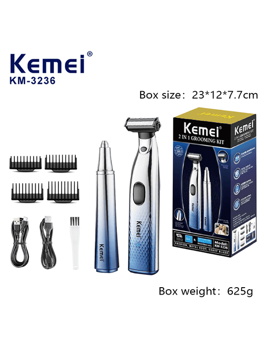 Kemei Cross-Border 2in1 Hair Removal Device, Portable & Efficient Men'S Shaver, Multiple Functions, Sleek & Smooth, Model Km-3236