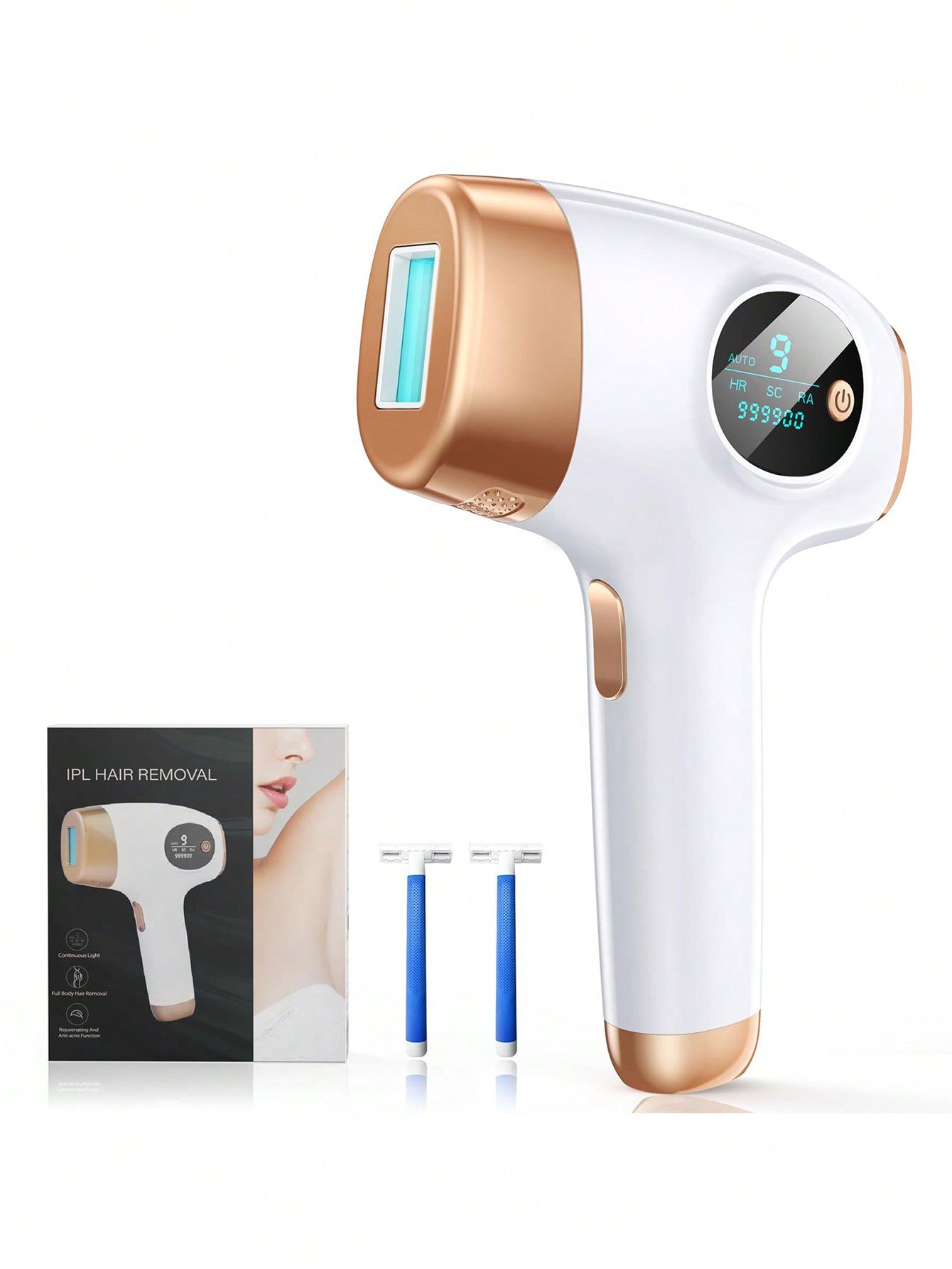 A White Household Hair Removal Device, Unisex, 3-In-1, Permanent Hair Removal, 9-Level Energy Intensity, 2 Modes-Auto Or Manual, Suitable For Facial Hair, Underarms, Arms, Bikini Area, Legs, Full Body. Perfect For At-Home Use Especially For Men And