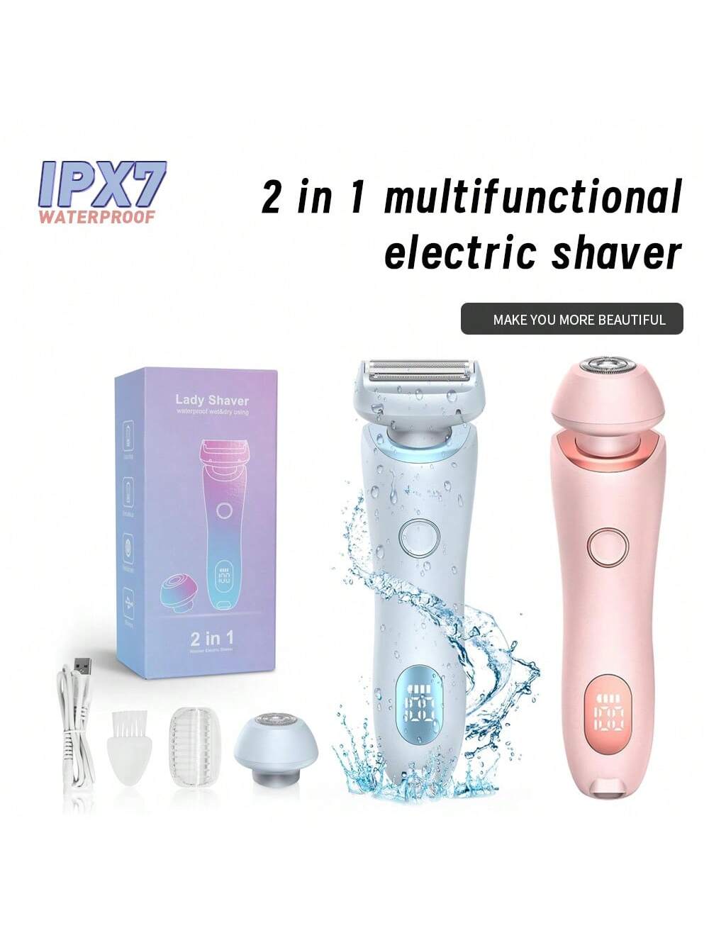 Electric Shaver, 2in1 Women's Shaver, For Legs, Arms, Face, Public Areas, Cordless Bikini Trimmer, Removable Head, Painless, Ipx7 Waterproof, Dry/Wet, Unisex