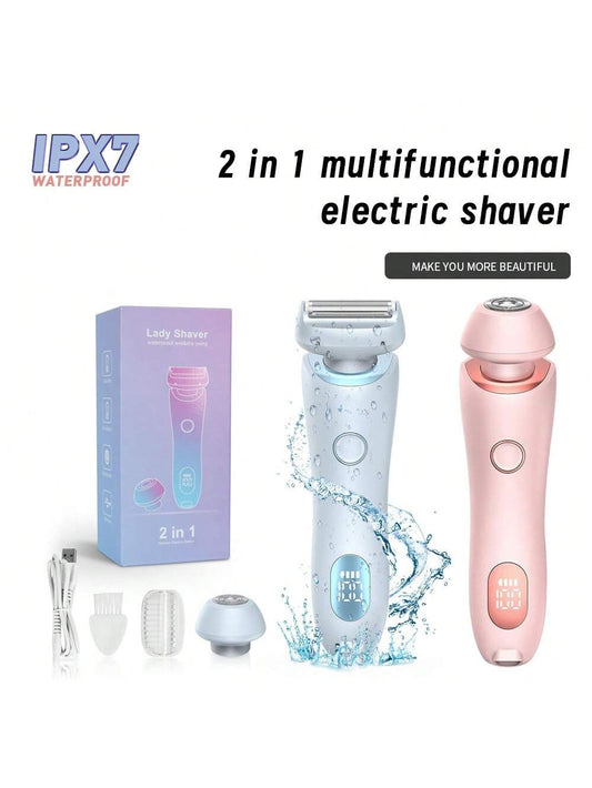 Electric Shaver, 2-In-1 Women's Electric Shaver, For Legs, Arms, Face, Pubic Area, Cordless Bikini Trimmer Hair Removal, Detachable Head, Painless, Ipx7 Waterproof, Dry/Wet, Unisex