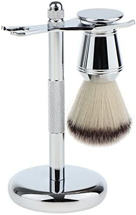 CSB Shaving Brush Kit for Men - Synthetic Nylon Shaving Brush with Chrome Metal Brush Stand, Double Edge Safety Razor Holder - Gift for Men