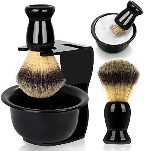 Mens Shaving Brush and Bowl Set, 3 in 1 Shaving Brush Set for Men with Shave Brush Bowl ABS Stand with Razor Slot, Perfect Father's Day Men Gift Set for Wet Shaving Experience - Black