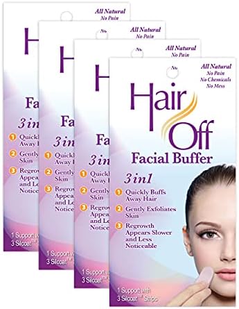 Hair Off Facial Buffer - Painless & Chemical Free Facial Hair Remover & Gentle Face Exfoliator - Hair Eraser to Slow Regrowth on Chin, Lip & Cheeks (3 Buffers Per Box, Pack of 4)