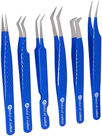 Abdul of Silakor Eyelash Extension Tweezers Set 6 Piece For Volume Lash Extensions Stainless Steel Eyelash Tweezers for Lash Extensions Isolation & Classic Lashes Tweezers Set (Blue)
