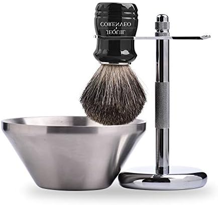 Je&Co Shaving Set,Pure badger Hair Shaving Brush with Steel Stand and Steel Bowl