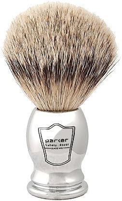 Parker Safety Razor 100% Silvertip Badger Bristle Shaving Brush–Chrome Handle with 3-Band-Silvertip Badger Hair Bristles – Extra Dense and Soft Bristles –Parker Shaving Brush Stand Included
