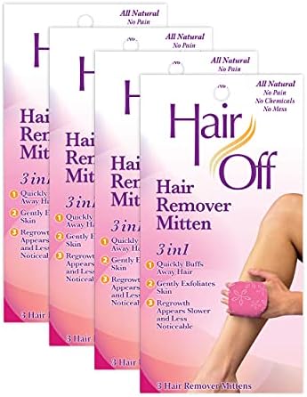 Hair Off Hair Remover Mitten - All-Natural, Painless & Chemical Free - Full Body Hair Removal - Slows & Lessens Regrowth - Exfoliates Skin (3 Mittens Per Box, Pack of 4)