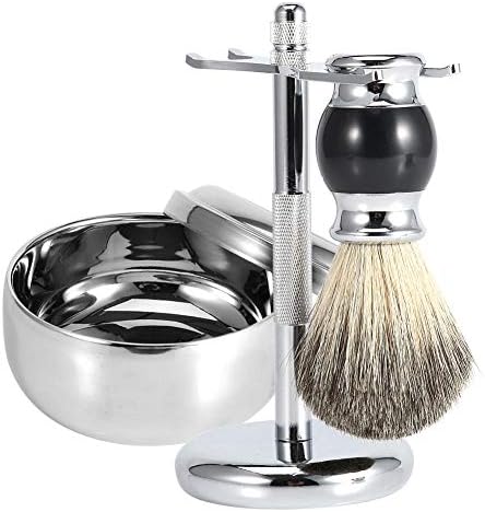 Professional Men's Shaving Tool Kit for Men Beard Shaving Stand Holder + Faux Badger Hair Brush + Alloy Soap Mug Bowl Kit, Set Mustache Care, Travel Case for Male