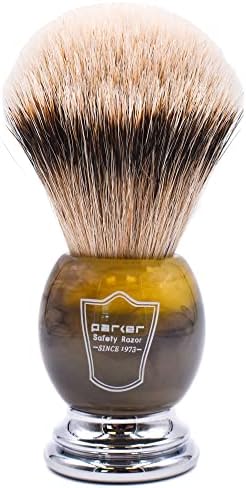Parker Safety Razor Silvertip Badger Shaving Brush–Faux Horn Handle with a Chrome Base, Long Loft Dense Bristles– Men's Badger Shaving Brush with Stand Included