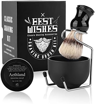 Aethland Shaving Brush Set for Men, 4 in 1 Include 100g Shaving soap, Badger Shaving Brush and Stainless Steel Shaving Stand & Shaving Bowl for Husband Father Birthday Boyfriend Gifts（B Black)