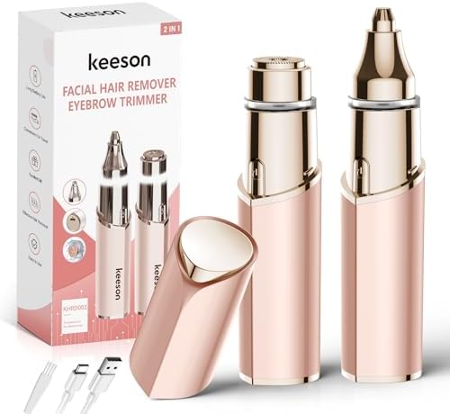 KEESON Facial Hair Removal for Women, 2-in-1 Electric Eyebrow Trimmer (with LED Light), Rechargeable Hair Removal Device Face Shaver Facial Razors for Eyebrow, Peach Fuzz, Upper Lip (Rose Gold)