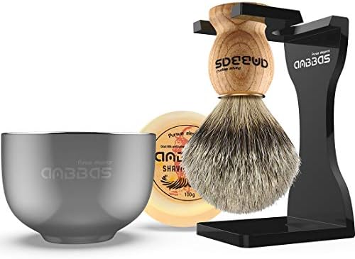 Anbbas Shaving Set, 4in1 Pure Badger Hair Shaving Brush Solid Manchurian Ash Wood Handle,Black Broken-Resistant Acrylic Shaving Stand,Stainless Steel Shaving Bowl Dia 3.2 inch and Goat Milk Soap 100g
