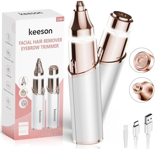 KEESON Facial Hair Removal for Women, 2-in-1 Electric Eyebrow Trimmer with LED Light, Rechargeable Hair Removal Device Face Shaver Facial Hair Remover for Women Face, Lip, Peach Fuzz (White)