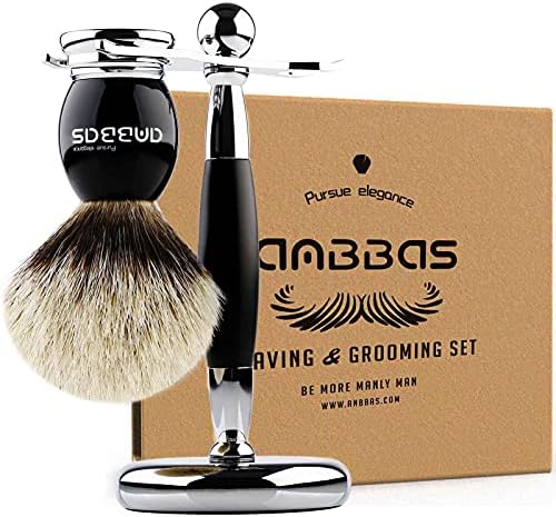 Shaving Brush and Stand, Anbbas Silvertip Badger Hair Brush Set with Stainless Steel Shaving Stand for Double Edge Safety Razor Straight Razor,Black Resin Alloy Handle for Men