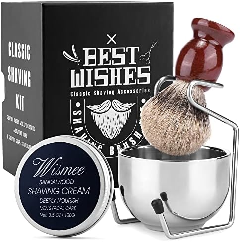 Wismee Shaving Brush Set For Men Badger Hair Shaving Brush with Wood Handle, Stainless Steel Shaving Bowl & Stand, 3.5Oz Shaving Cream Wet Shaving Cleaning Tool Birthday Father Day Gifts for Him Men