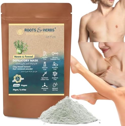 Neem & Fennel Hair Removal Mask - Bikini Hair Removal for Women’s & Men’s Legs, Underarm, & Chest,- Depilatory Powder Body Hair Remover with Ayurvedic Herbs for All Skin Types - Roots & Herbs, 2.47oz