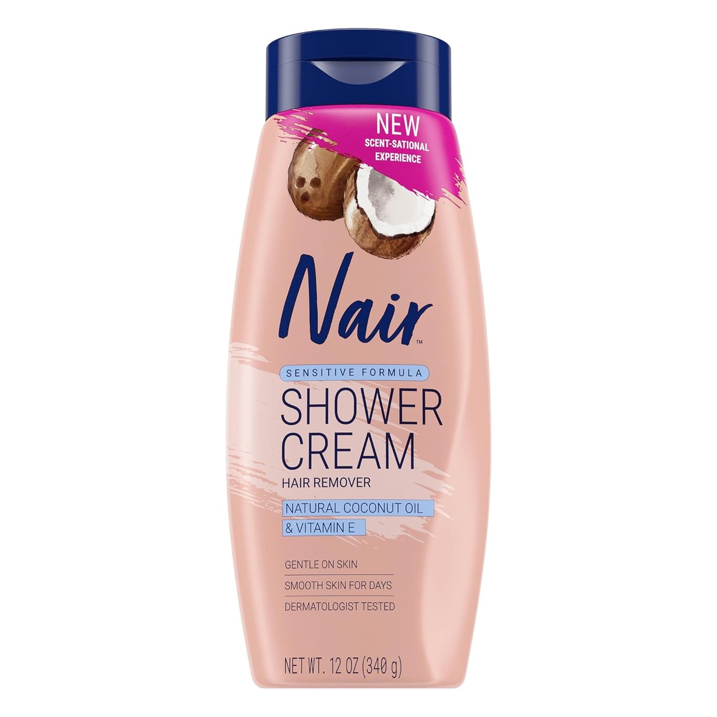 NAIR Sensitive Shower Cream Hair Remover with Natural Coconut Oil and Vitamin E, Body Hair Removal Cream for Women, 12 oz