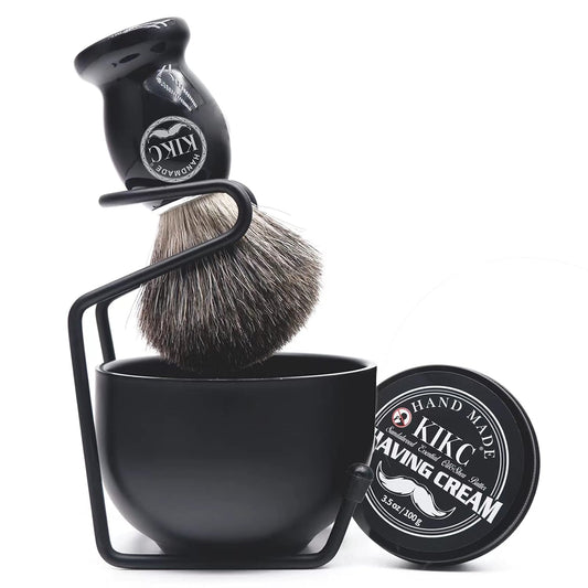 4 In 1 Shaving Brush Set, Shaving Cream, Shaving Bowl & Shaving Stand & Badger Hair Shaving Brush Kit Black Stainless Steel Shaving Cleaning Tool, Great Gift Set for Men and Women