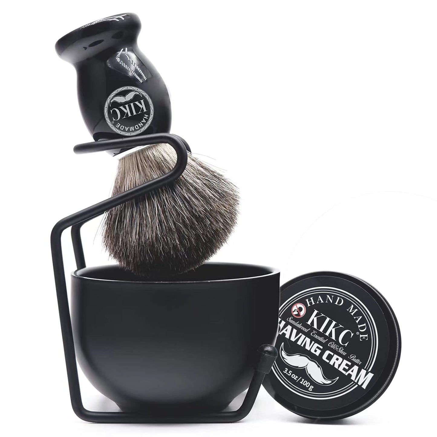 4 In 1 Shaving Brush Set, Shaving Cream, Shaving Bowl & Shaving Stand & Badger Hair Shaving Brush Kit Black Stainless Steel Shaving Cleaning Tool, Great Gift Set for Men and Women